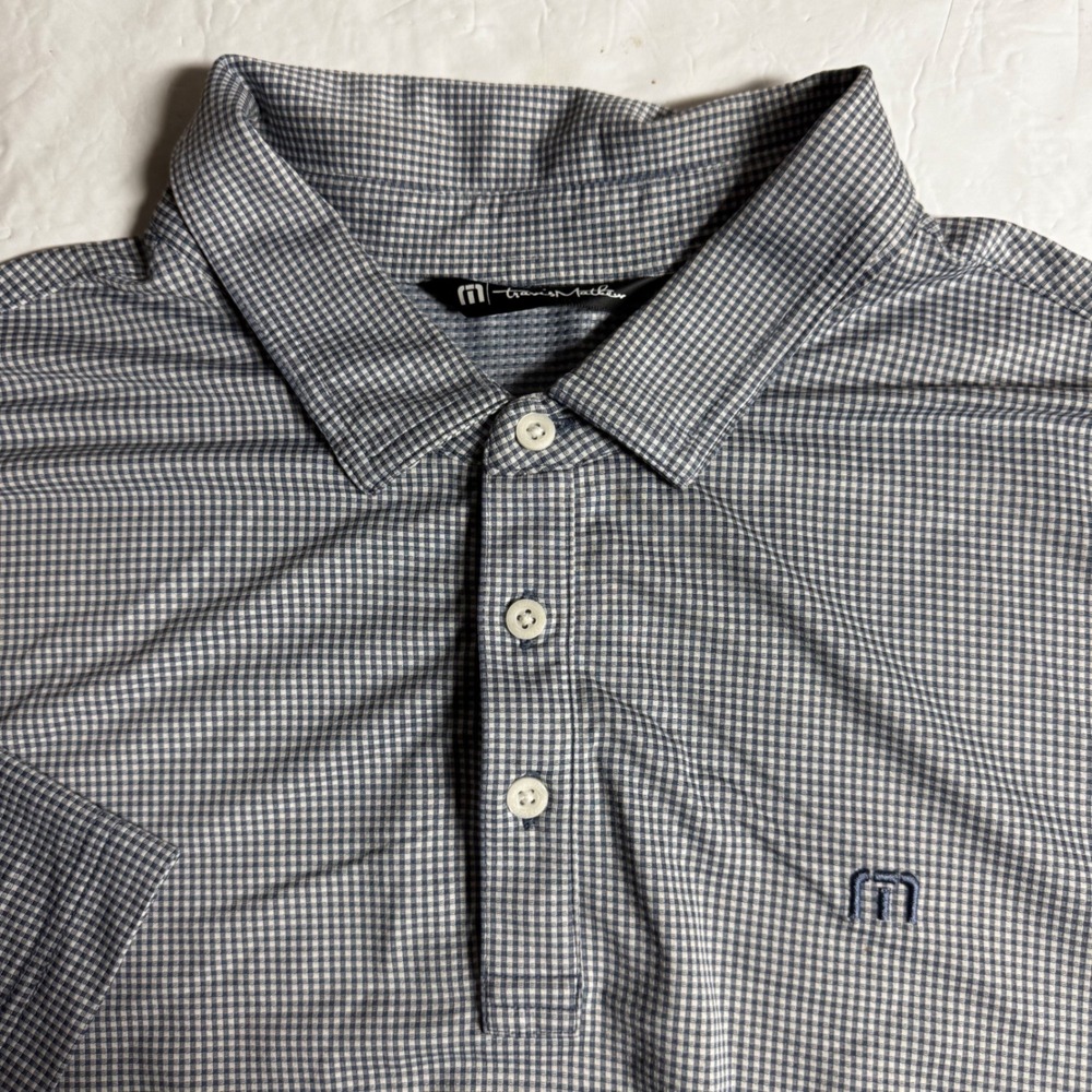 TravisMathew Klinke Mens XL Blue Gingham Check Performance Golf Polo Shirt